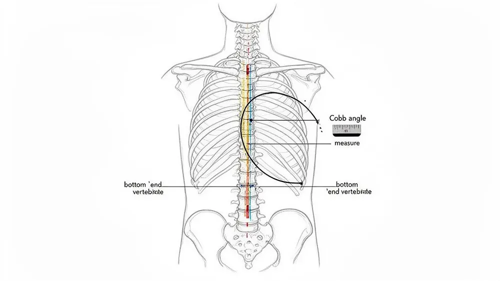 Medical illustration demonstrating Cobb angle measurement on a human spine with scoliosis.