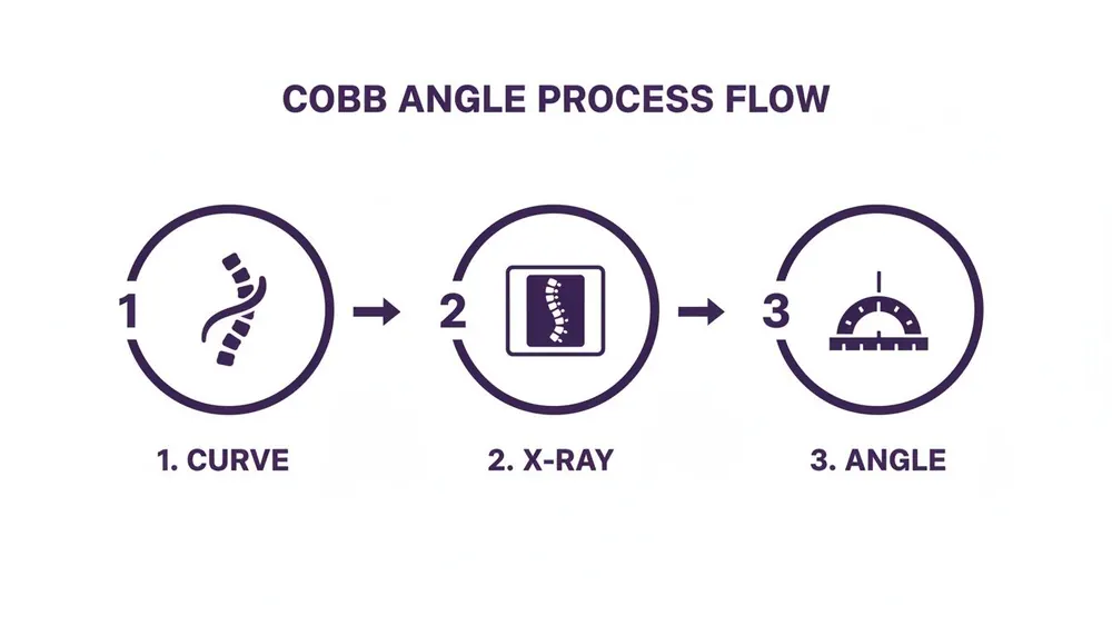 A three-step process flow illustrating Cobb's angle measurement for scoliosis: identifying the spinal curve, performing an X-ray, and determining the angle.
