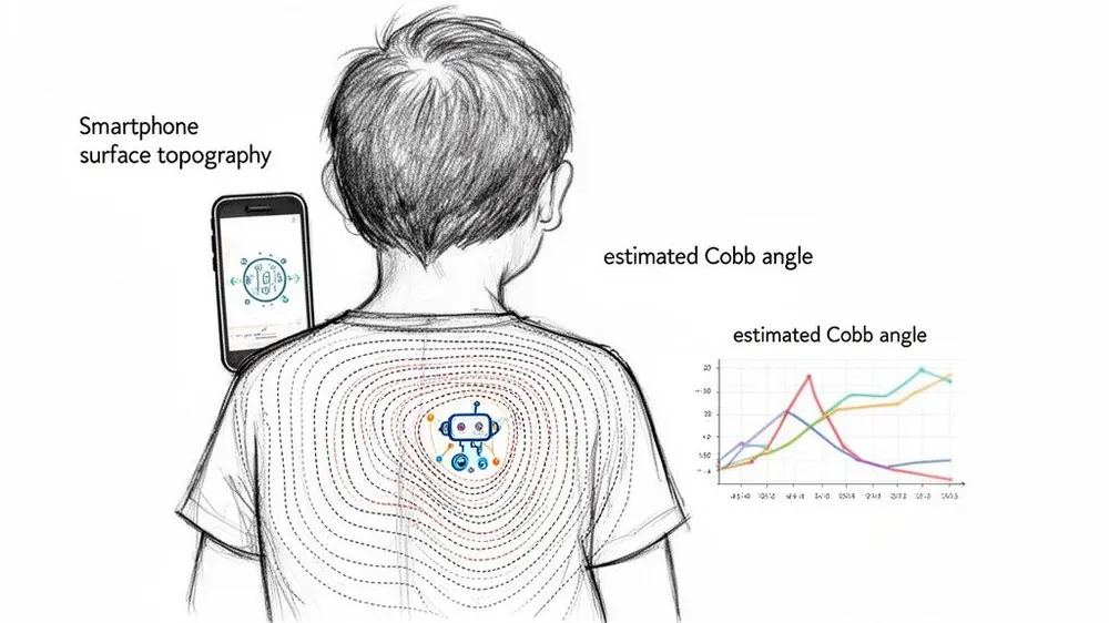 Illustration of smartphone surface topography for estimated Cobb angle measurement, depicting a child's back and graph.