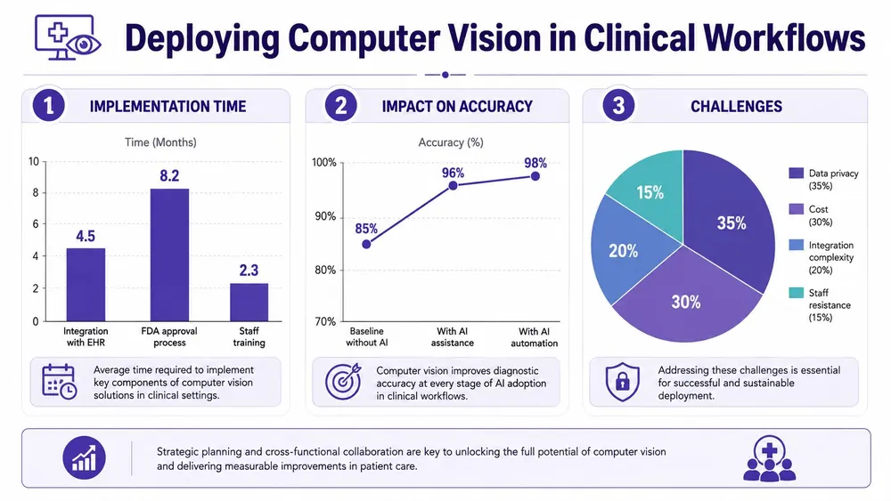 An infographic detailing implementation time, diagnostic accuracy impact, and challenges for computer vision in clinical healthcare workflows.