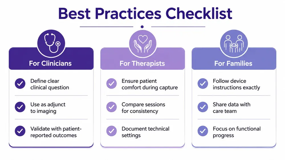 An infographic titled Best Practices Checklist for clinicians, therapists, and families, detailing essential clinical and care steps.