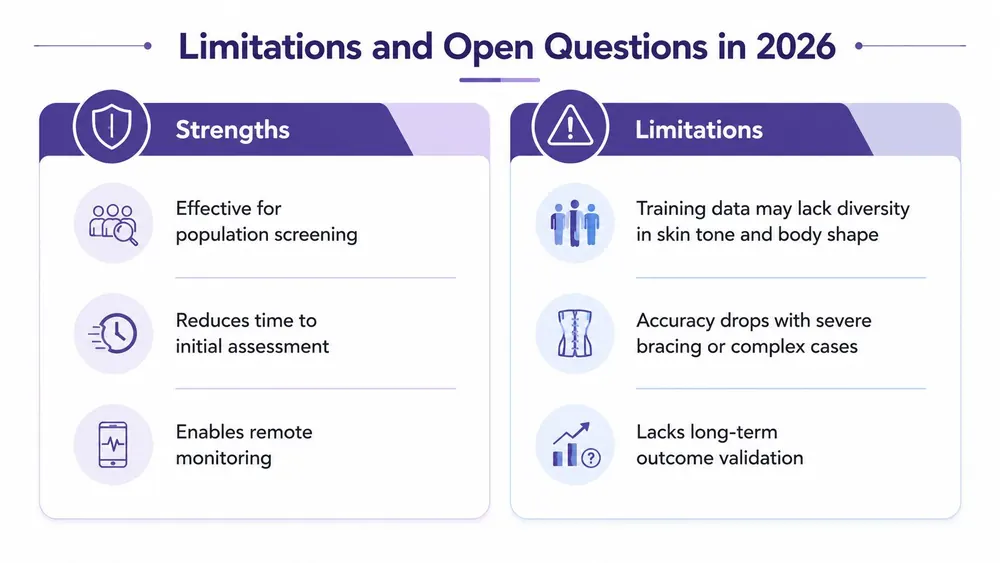 An infographic titled Limitations and Open Questions in 2026 outlining the strengths and limitations of scoliosis AI.