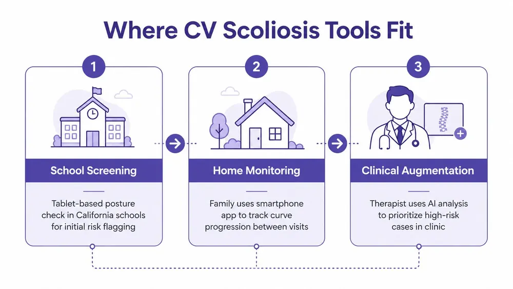 A diagram illustrating three stages of CV scoliosis tools: school screening, home monitoring, and clinical augmentation.
