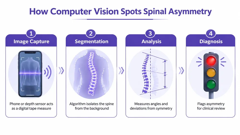 A four-step infographic illustrating how computer vision technology identifies spinal asymmetry and scoliosis for medical review.