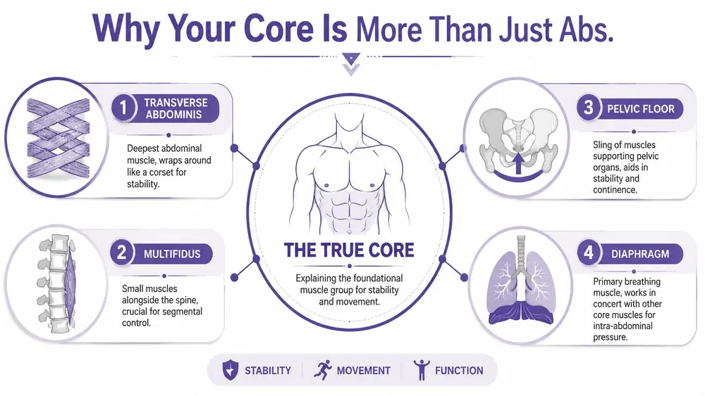 An infographic illustrating the four key components of the human core: transverse abdominis, multifidus, pelvic floor, and diaphragm.