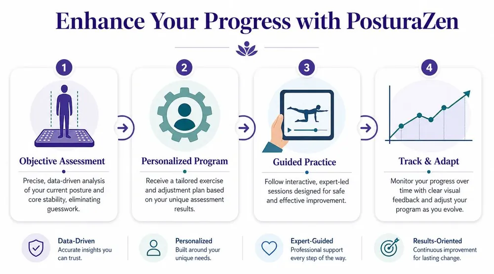 A four-step infographic showing how PosturaZen helps users improve posture through assessment, personalized programs, guidance, and tracking.