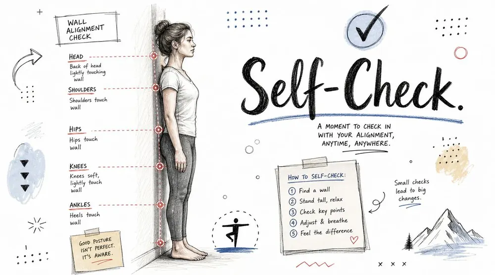 A diagram demonstrating how to perform a wall alignment check for better posture and body awareness.
