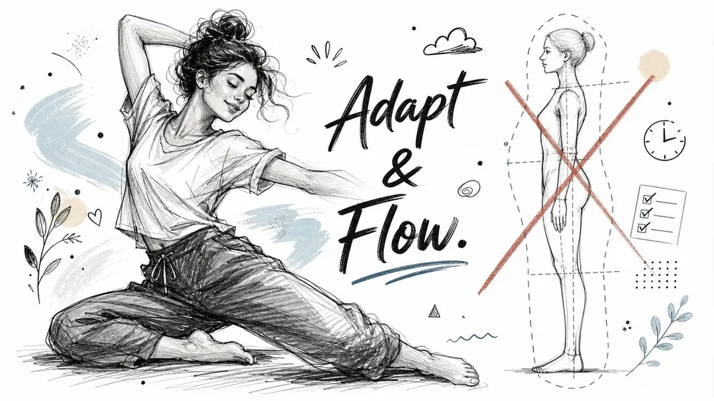A pencil sketch of a woman flowing in a yoga pose contrasting with a rigid standing figure.