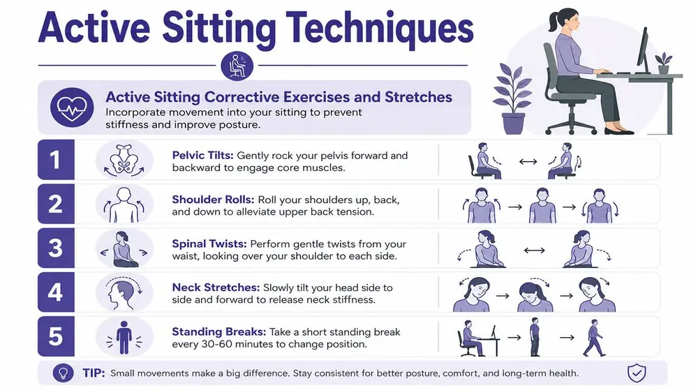 An infographic showing five active sitting techniques including pelvic tilts, shoulder rolls, and standing breaks for posture.