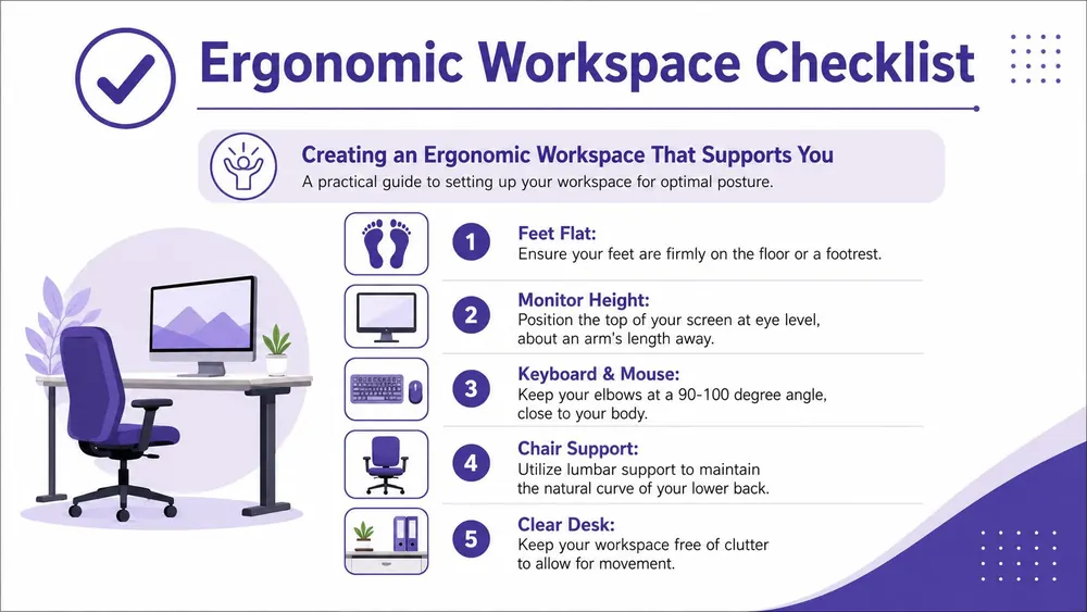 An infographic titled Ergonomic Workspace Checklist showing five steps for maintaining correct posture while sitting at desks.