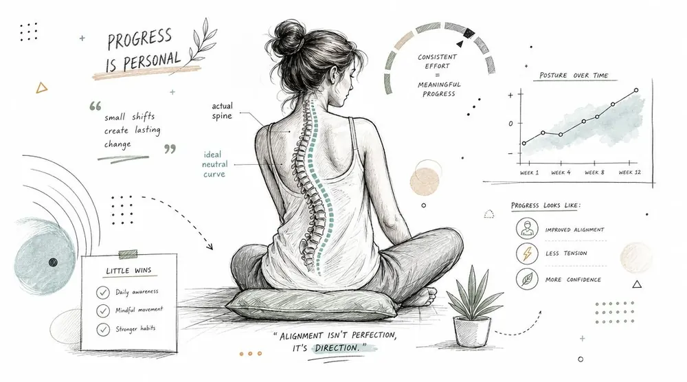 A hand-drawn illustration depicting a woman practicing good posture, with infographics about spinal alignment and progress.
