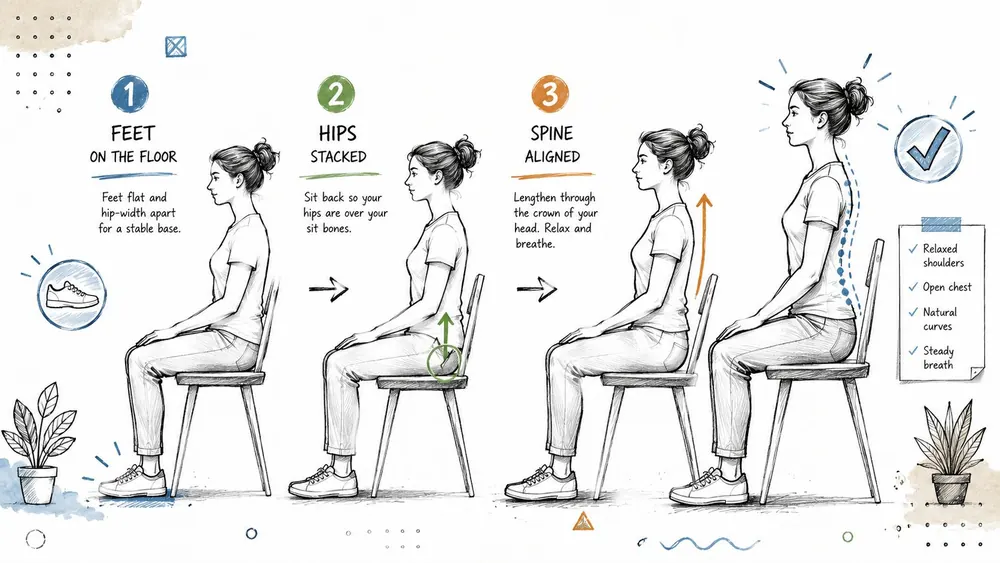 A step-by-step instructional illustration showing a woman demonstrating correct sitting posture with aligned hips, feet on the floor, and spine alignment.