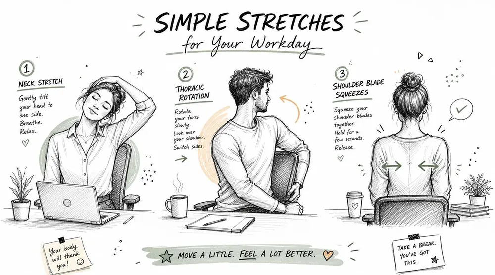 A hand-drawn illustration showing three simple office stretches: neck stretch, thoracic rotation, and shoulder blade squeezes.