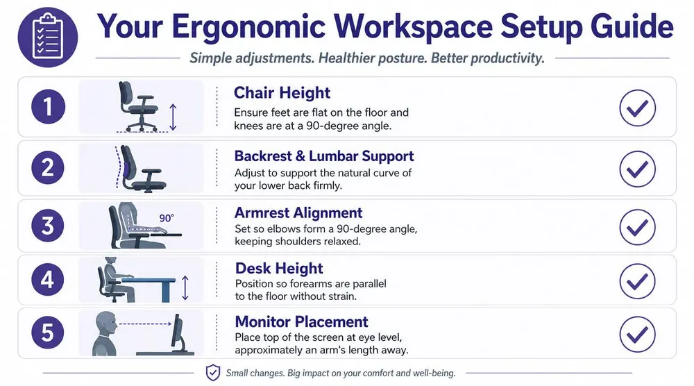 A five-step ergonomic workspace setup guide infographic showing how to properly adjust chairs, desks, and monitors for health.