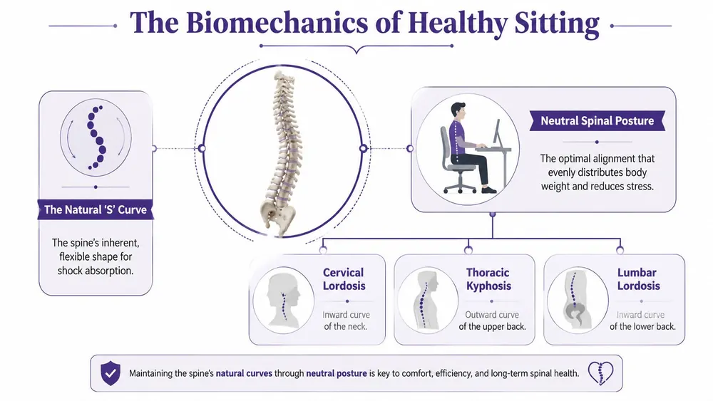 An infographic illustrating the natural S-curve of the spine and the importance of neutral sitting posture.
