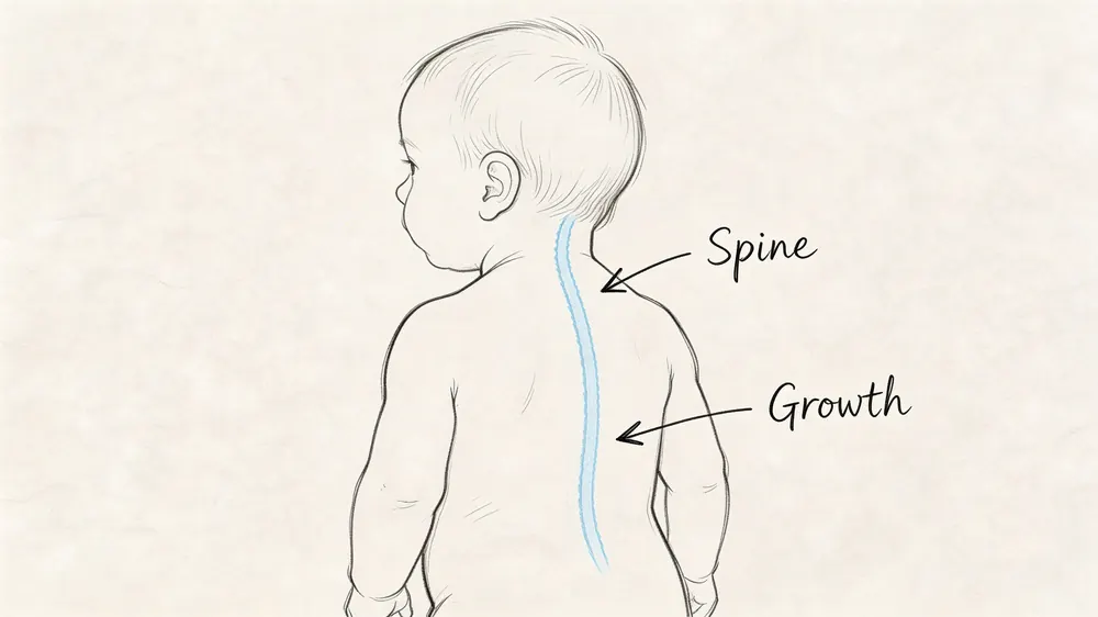 A line drawing illustration showing the spine of an infant, emphasizing healthy growth and spinal development.