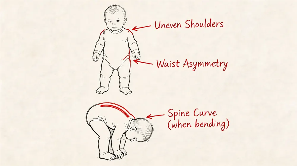 An illustration showing physical signs of infant scoliosis, including uneven shoulders, waist asymmetry, and a spinal curve.
