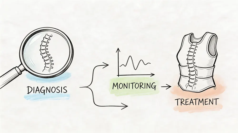 A hand-drawn medical diagram showing the process of diagnosing, monitoring, and treating a curved spine condition.