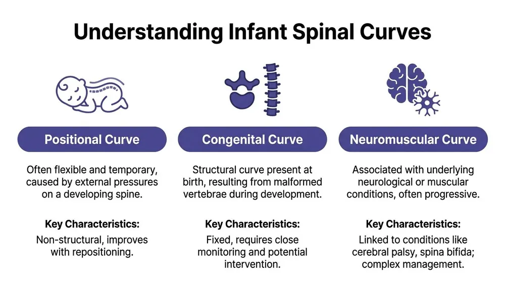 An infographic titled Understanding Infant Spinal Curves, displaying three types: Positional, Congenital, and Neuromuscular curves.