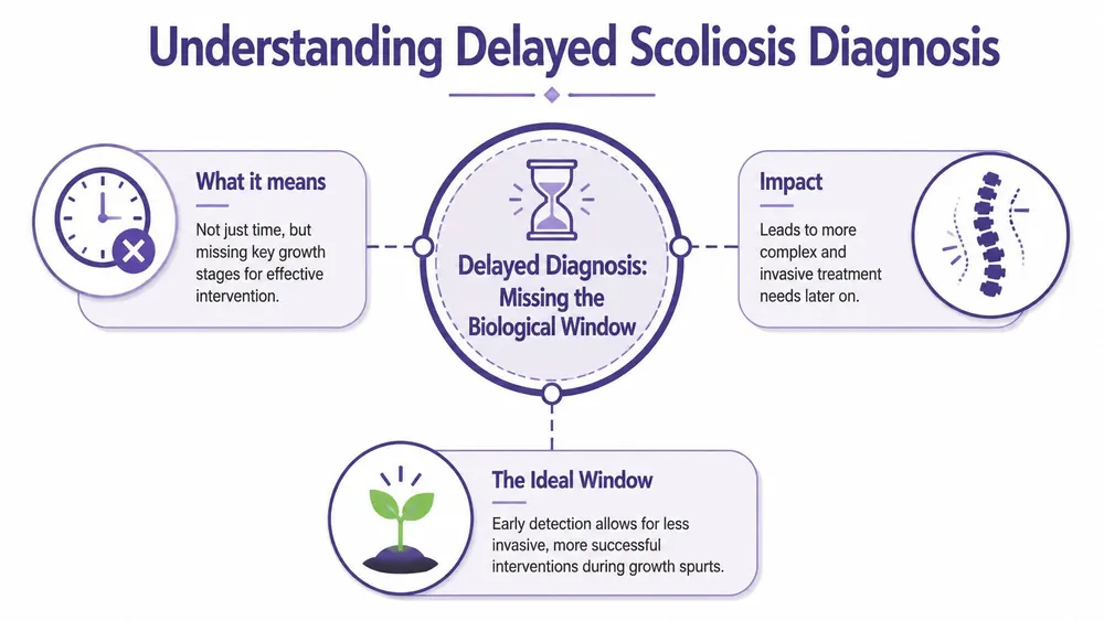 An infographic titled Understanding Delayed Scoliosis Diagnosis illustrating the importance of early detection during growth spurts.