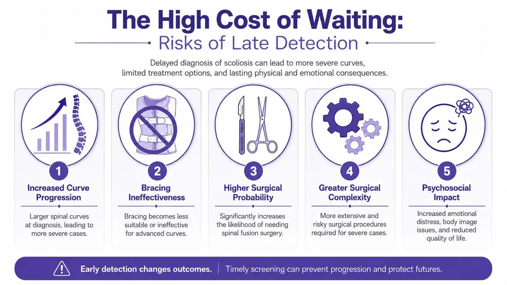 An infographic illustrating the risks of delayed scoliosis diagnosis, including disease progression and increased surgical complexity.
