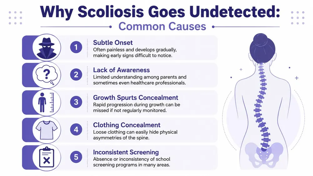 An infographic detailing five common reasons why scoliosis diagnosis is often delayed in children and adolescents.