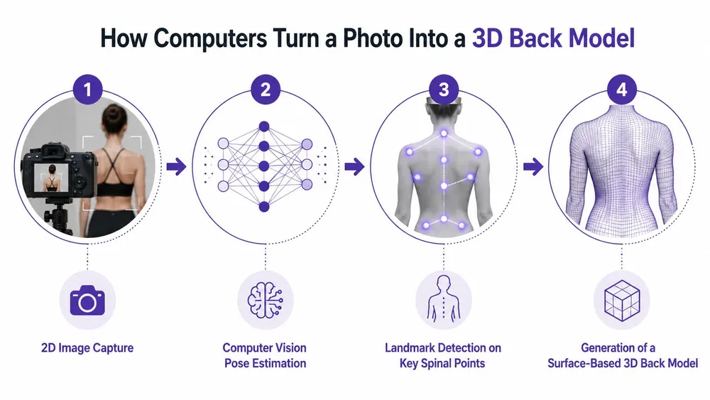 A four-step infographic illustrating how 2D photographs are processed to generate a 3D digital back model.