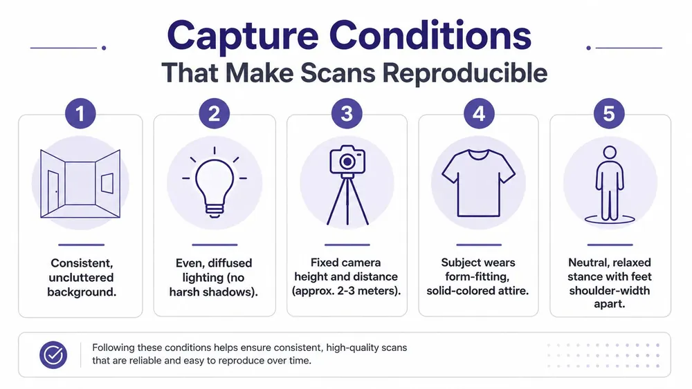 An infographic showing five essential conditions to ensure accurate and reproducible digital body scans for posture analysis.