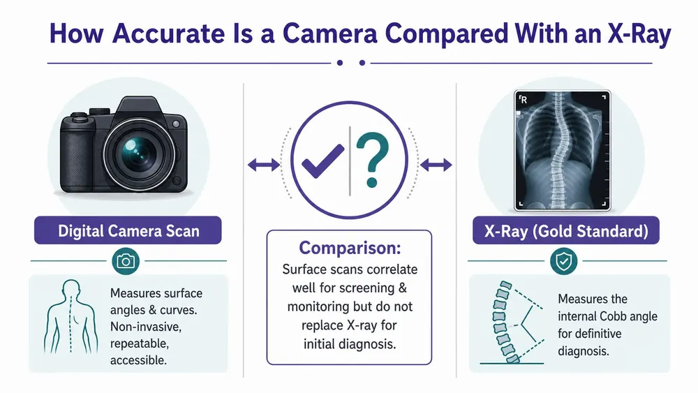 A comparison infographic showing digital camera scans versus traditional X-ray for spinal monitoring and diagnostic assessment.