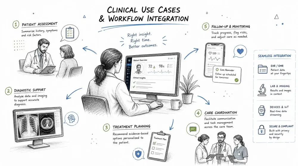 A hand-drawn illustration depicting five clinical use cases for digital healthcare workflow integration and patient care management.