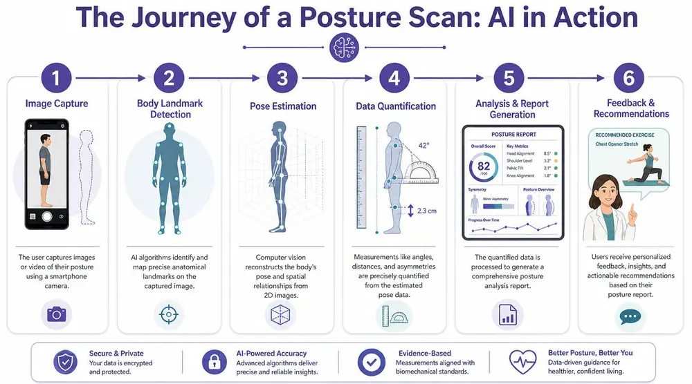 A six-step infographic illustrating the process of an AI-powered digital posture scan using smartphone technology.