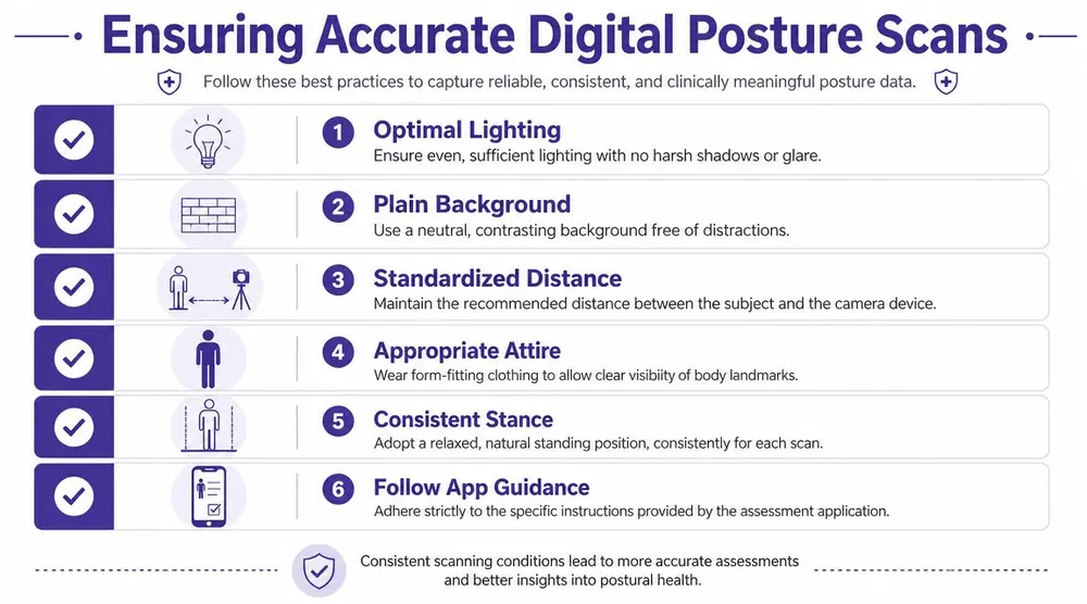 An infographic showing six best practices for capturing accurate digital posture scans with clear instructional steps.