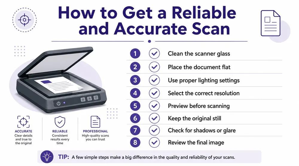 An infographic titled How to Get a Reliable and Accurate Scan with eight numbered steps for scanning.