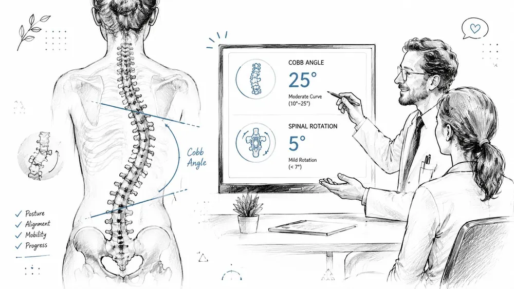 A doctor uses a screen to discuss scoliosis progress, Cobb angle measurements, and spinal rotation with a patient.