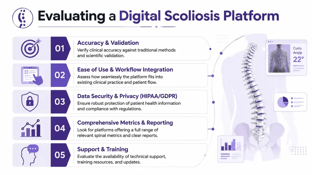 An infographic detailing five key steps to evaluate a digital scoliosis assessment and monitoring platform.
