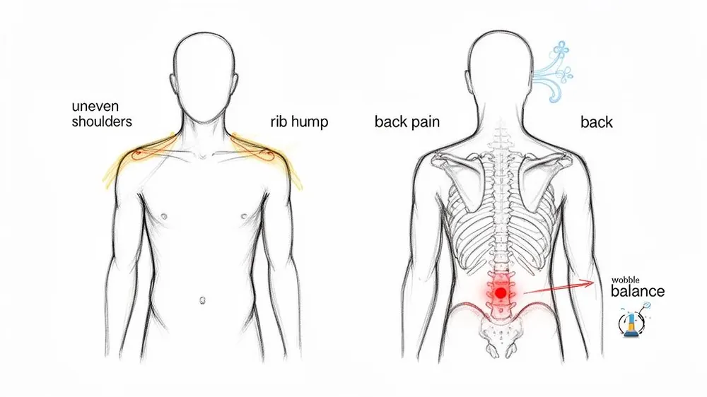 Medical diagrams illustrating symptoms like uneven shoulders, rib hump, back pain, and wobble balance.