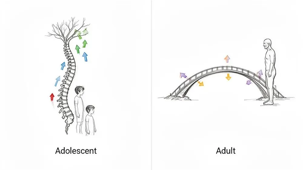 Illustrations comparing adolescent scoliosis as a growing tree spine with an adult spine as a stable bridge.