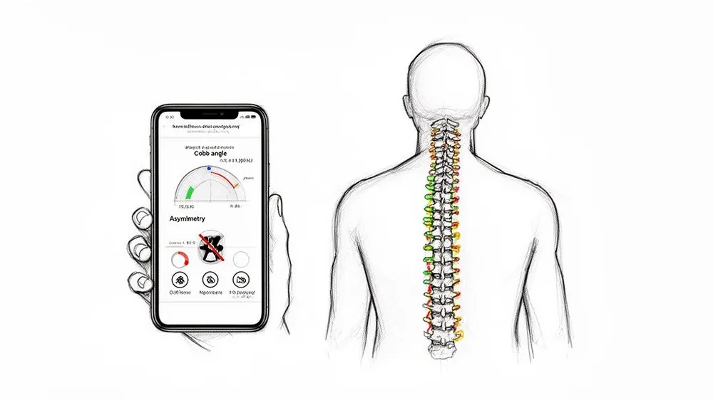 A smartphone displaying a scoliosis assessment app next to a human spine with colored vertebrae.