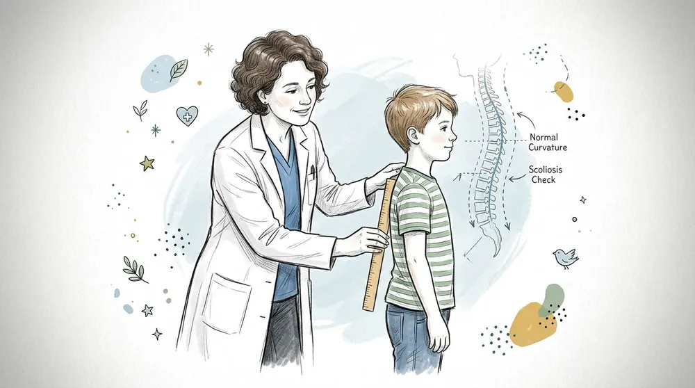 A doctor in a white coat uses a ruler to perform a spine check on a young boy.
