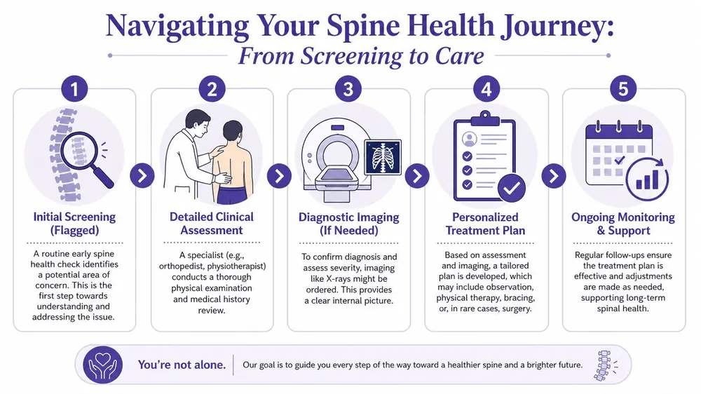 A five-step infographic outlining the process of navigating a spine health journey from screening to long-term care.