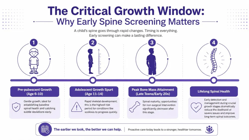 An infographic detailing the importance of early spinal screenings during key developmental stages from childhood to adulthood.