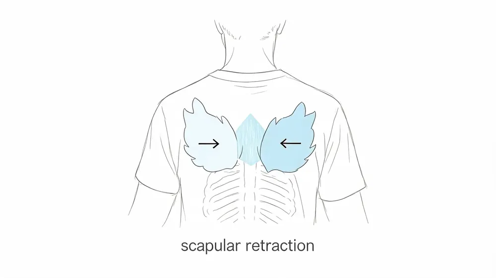 A line drawing of a person's back showing the movement of scapular retraction with arrows pointing inward.