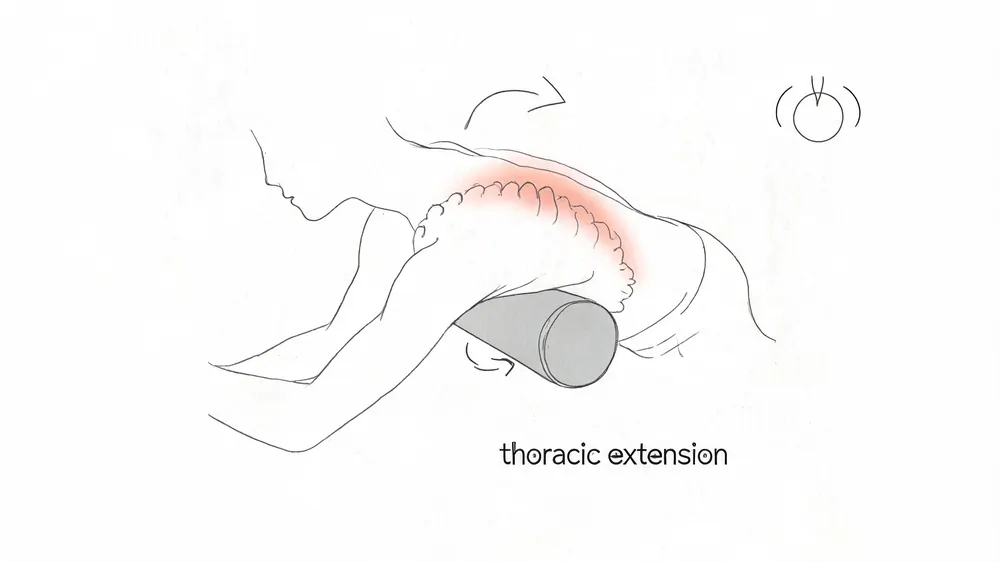 A person performing a thoracic extension exercise by using a foam roller under their upper back for posture.