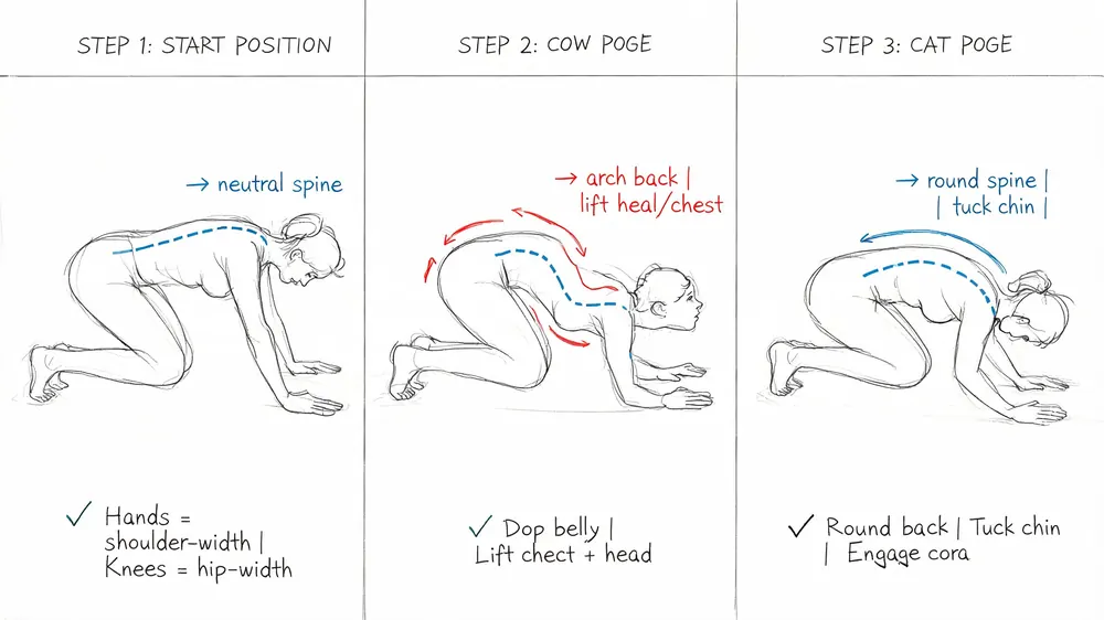 A three-step diagram showing a person performing cat-cow stretches to help improve spinal flexibility and posture.