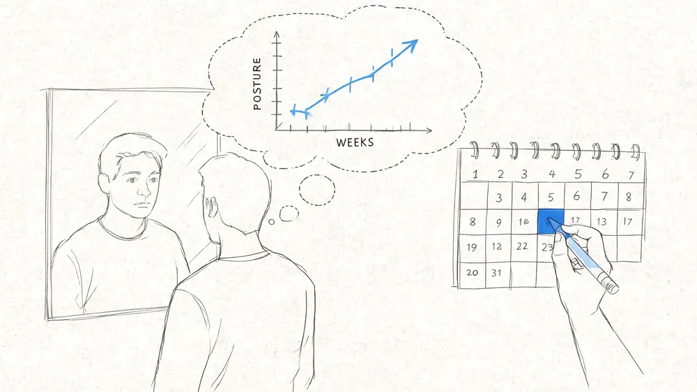 A person looking in a mirror imagining a progress chart for posture improvements while marking a calendar.