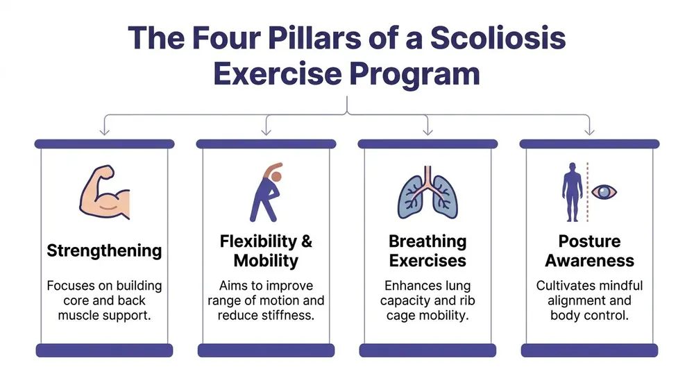 A diagram outlining the four pillars of a scoliosis exercise program: strengthening, flexibility, breathing, and posture awareness.