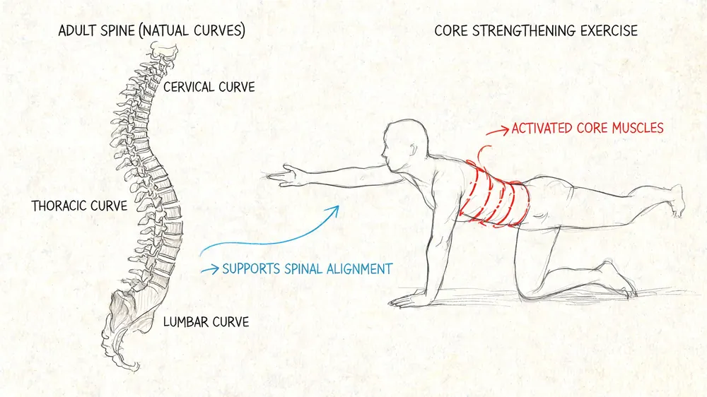 A line drawing illustration showing a human adult spine's natural curves next to a core strengthening exercise.