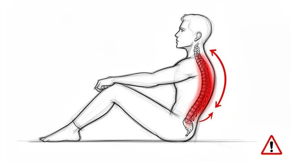 Illustration of a person sitting with a rounded back, showing incorrect spinal posture with red highlights and an alert symbol.