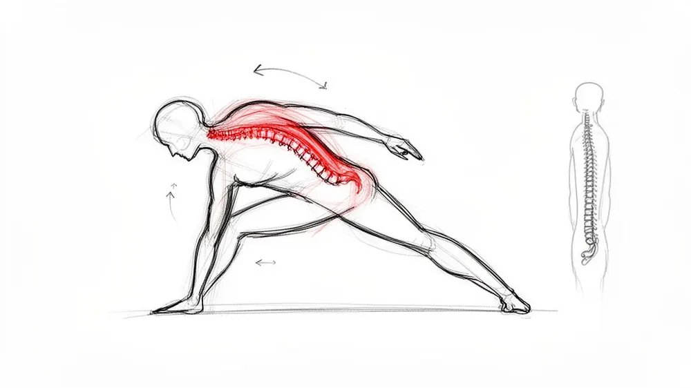 Sketch of a person in a side bend pose with highlighted spine, alongside a human spine diagram.