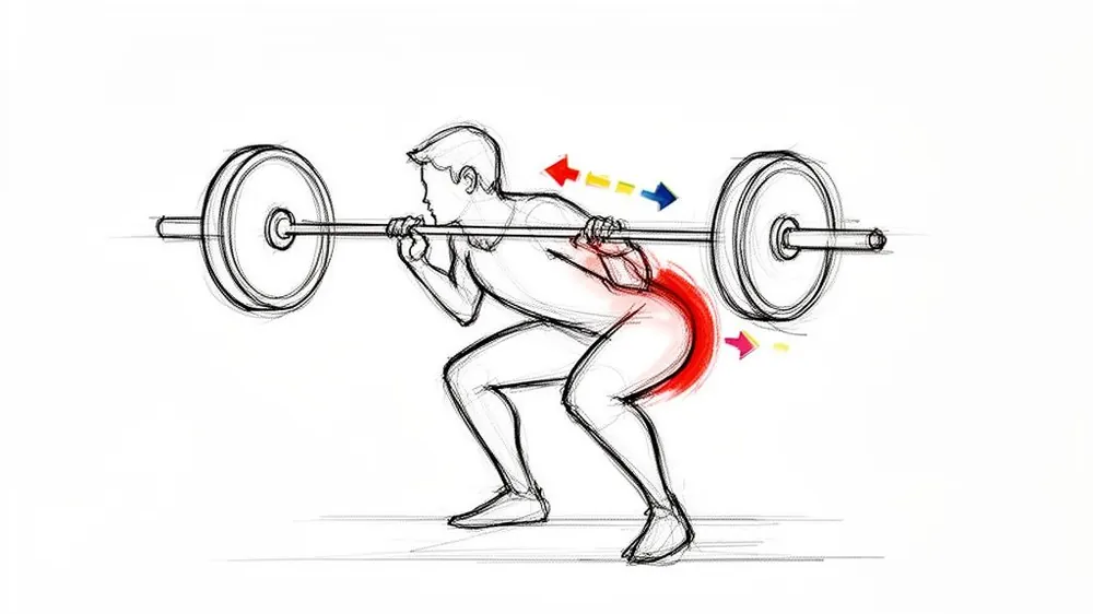 A sketch showing a person performing a barbell squat with highlighted incorrect lower back posture.